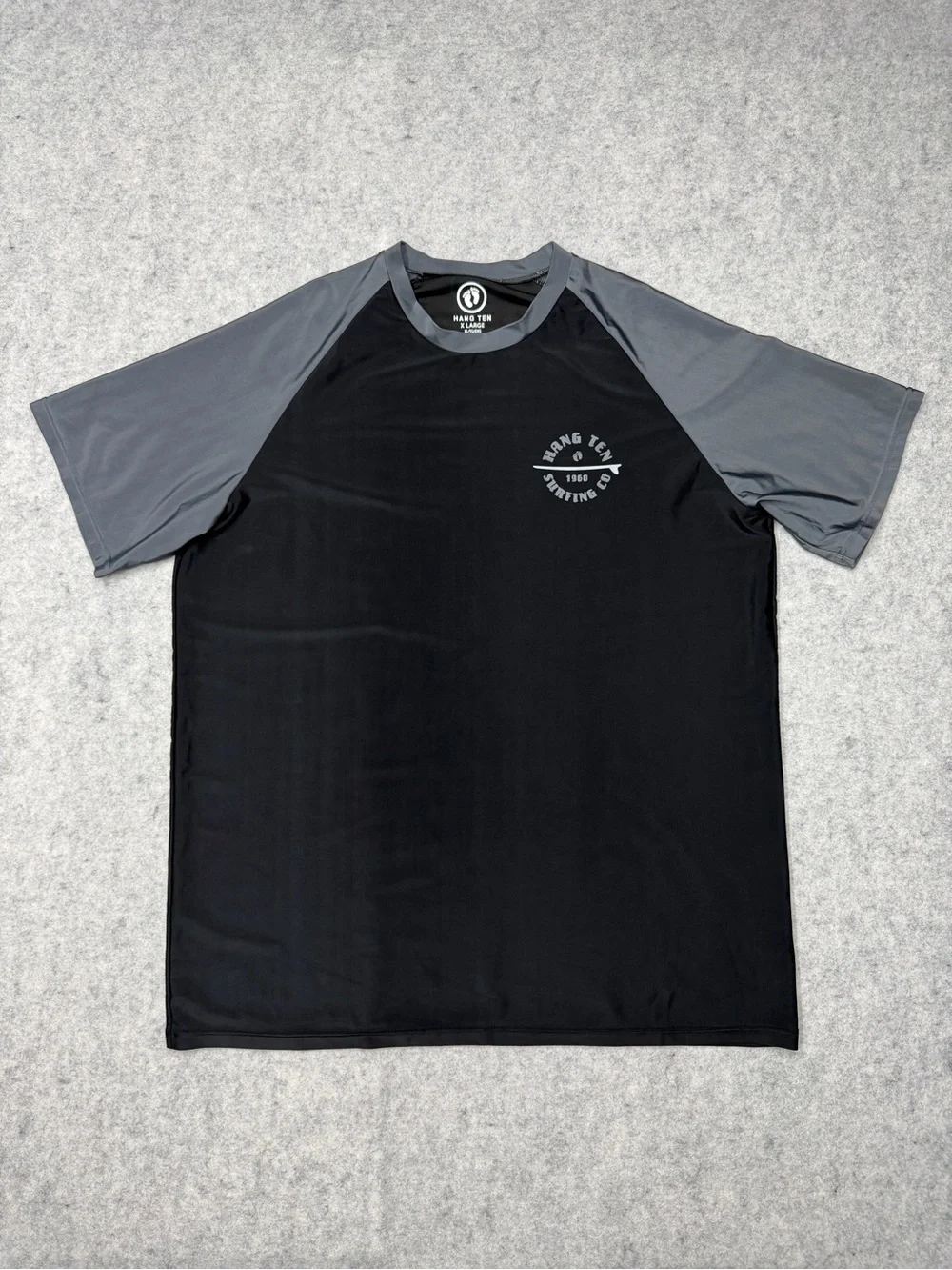 Hang Ten Rash Guard Shirt Mens XL Black Gray Surf Short Sleeve Graphic Swim Top
